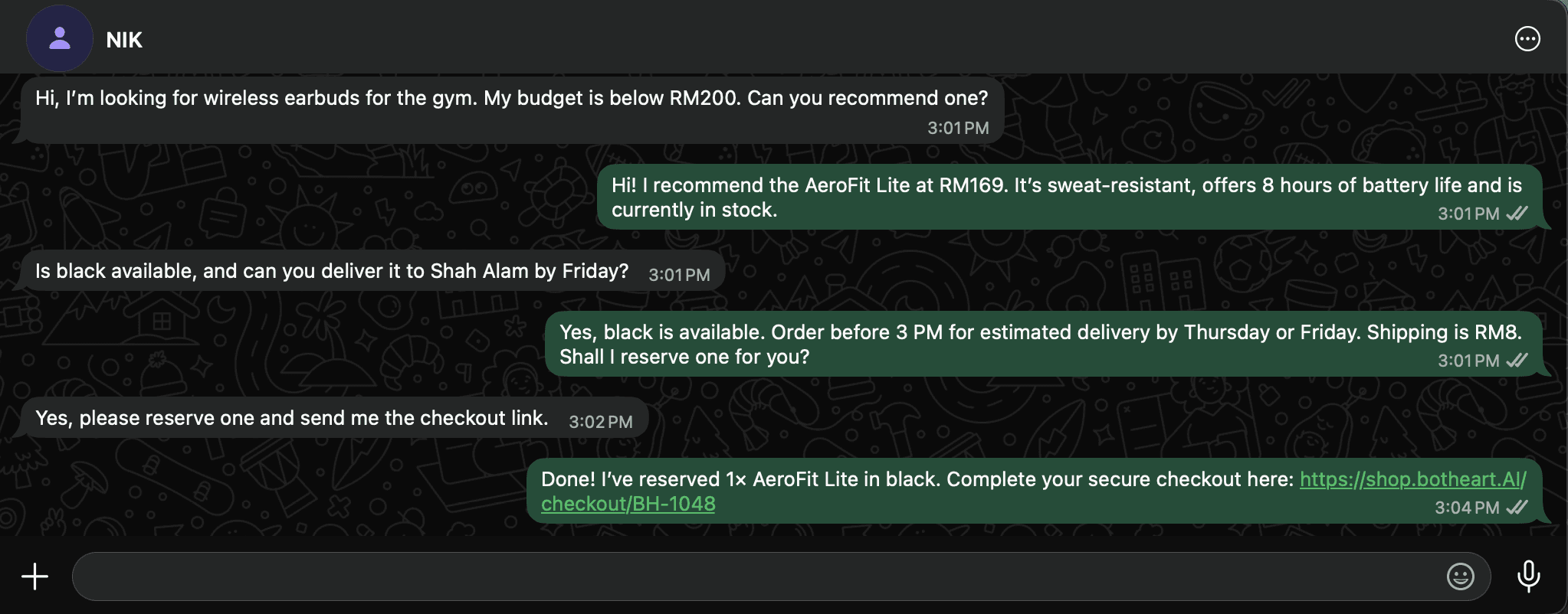 WhatsApp conversation showing an AI shopping assistant recommending and reserving a product